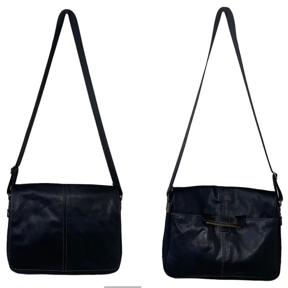 Boconi Black Leather Garth Slim Mailbag Messenger Laptop Bag with Shoulder Strap